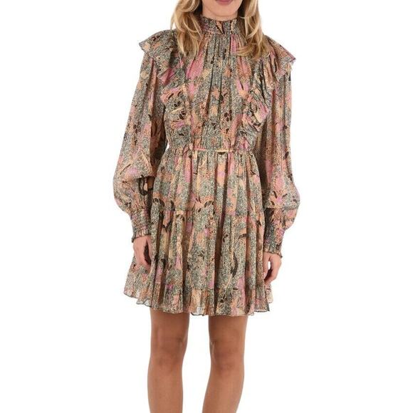 Ulla Johnson Vienne Mini Dress Ivory Print Long Sleeve Mock Neck, Women's Size 8 - Picture 1 of 11